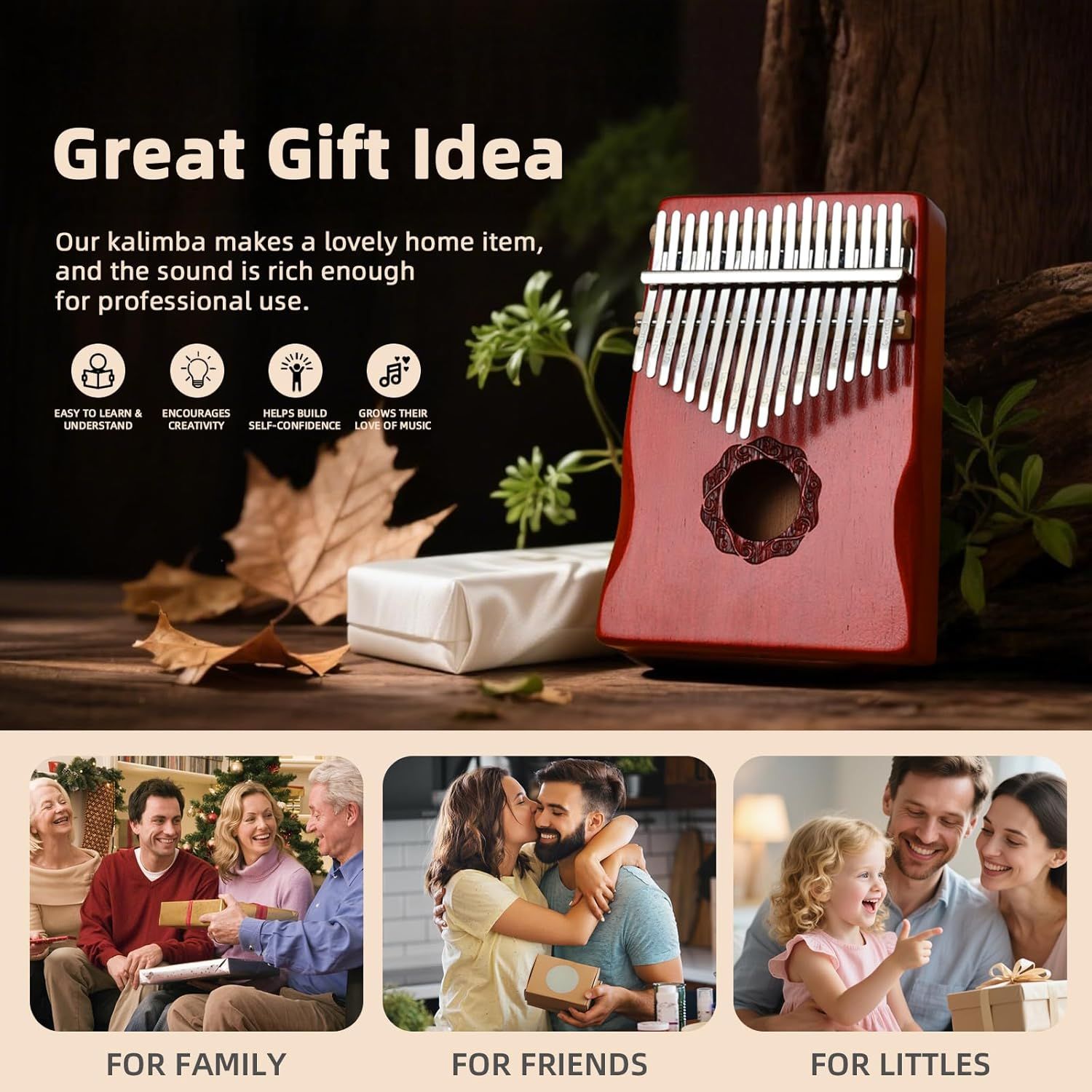 Positions the kalimba as a perfect gift for various recipients (family, friends, children) while highlighting its benefits as an educational and creative musical instrument. Communicates multiple…