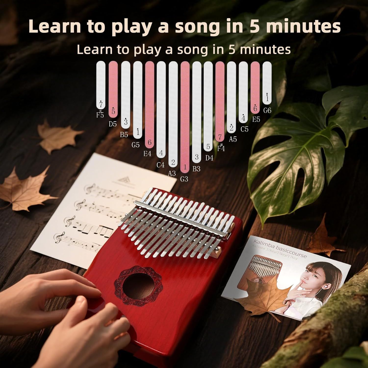 Communicates that the kalimba is beginner-friendly and allows users to learn songs quickly in just 5 minutes, reducing intimidation and encouraging purchase. Highlights the product's ease of…