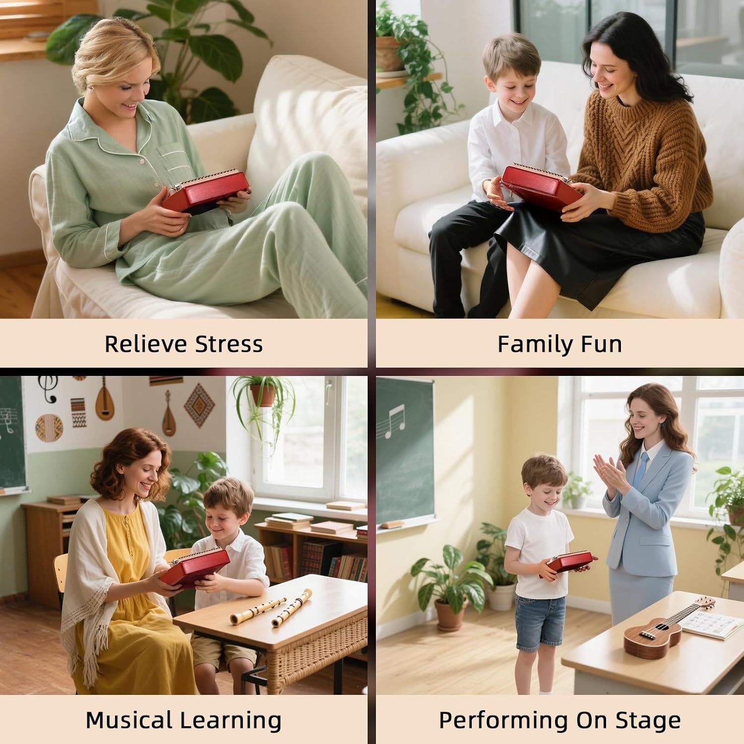 Demonstrates the versatility of the product by showing four distinct use scenarios—personal relaxation, family entertainment, educational learning, and performance—to communicate that this product…