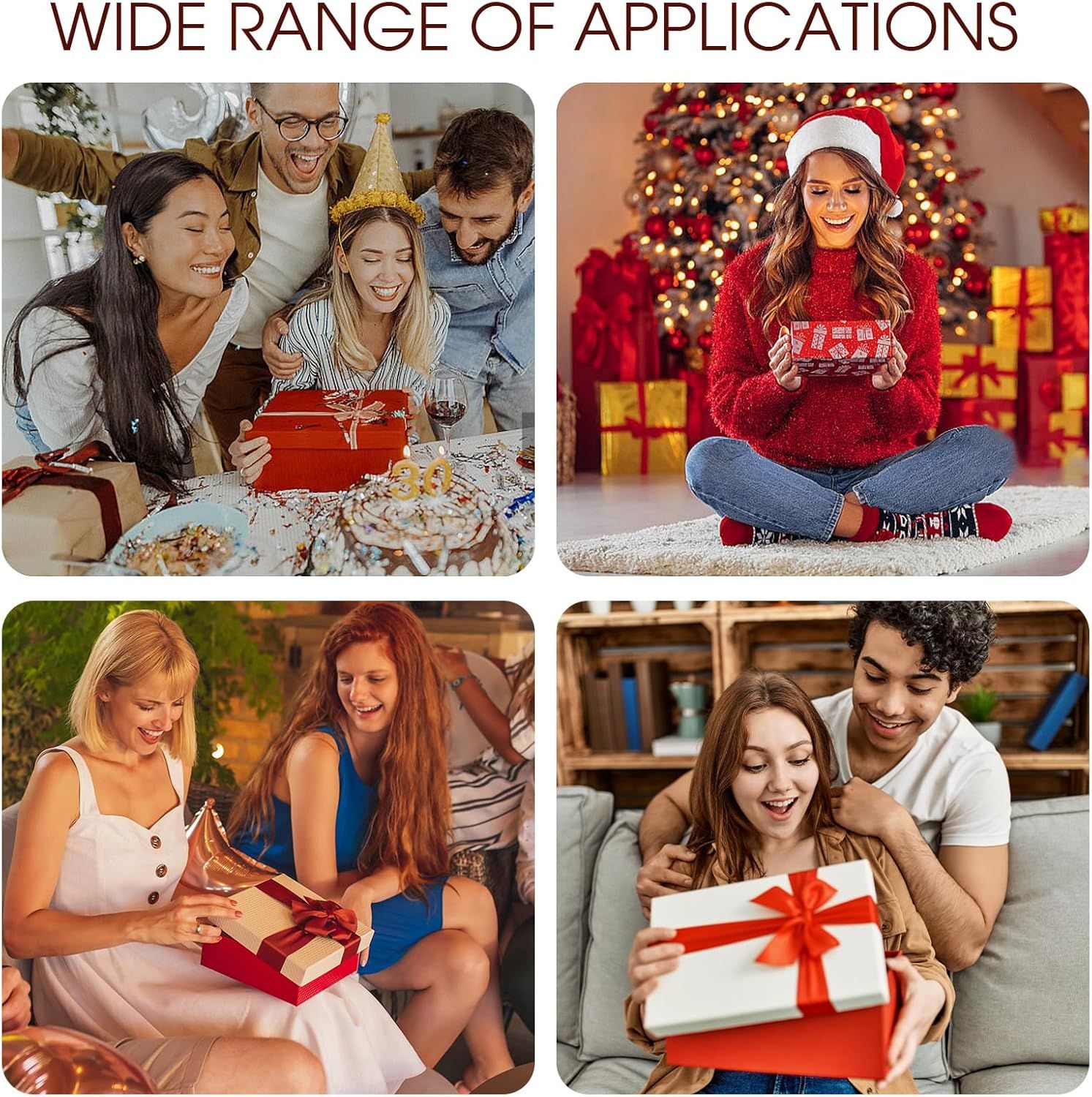 Demonstrates the product's versatility across multiple gifting occasions and celebrations, showing it's suitable for birthdays, holidays, romantic moments, and social gatherings to reassure shoppers…