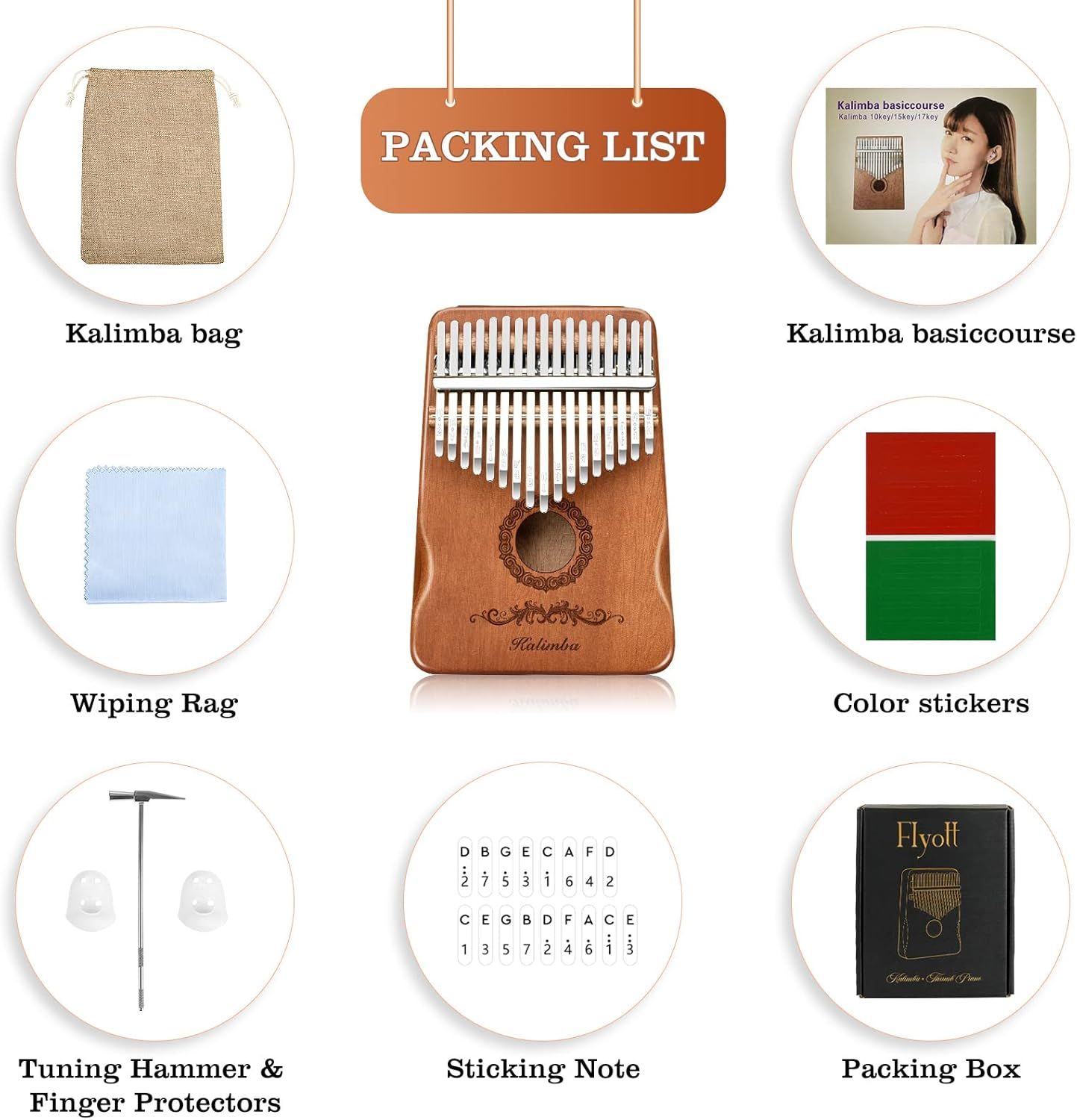 Shows everything included with the kalimba purchase to reassure shoppers they're getting a complete package with all necessary accessories and learning materials.
