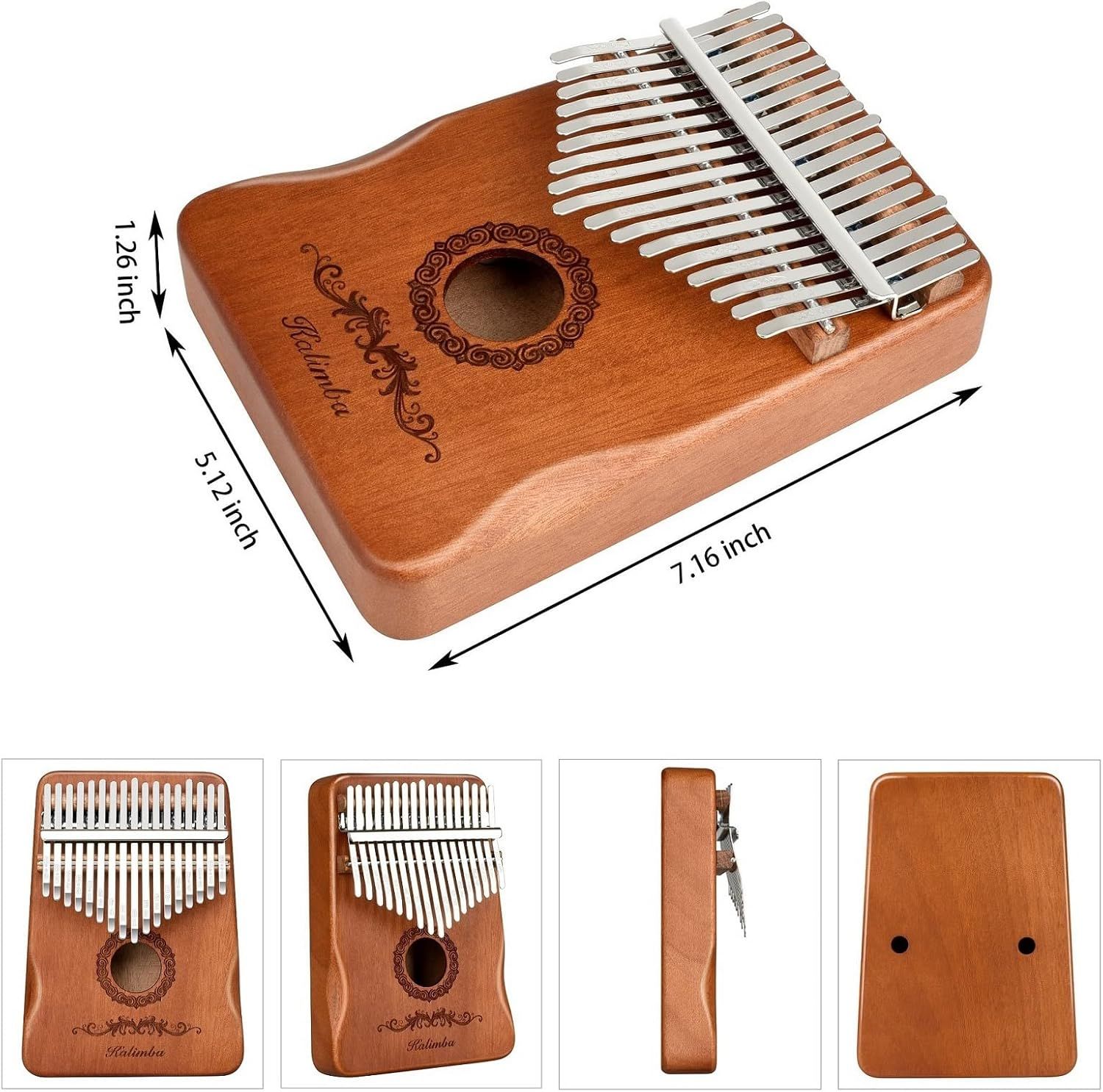Communicates the exact physical dimensions of the kalimba (7.16 x 5.12 x 1.25 inches) to help shoppers understand the product's size and portability.