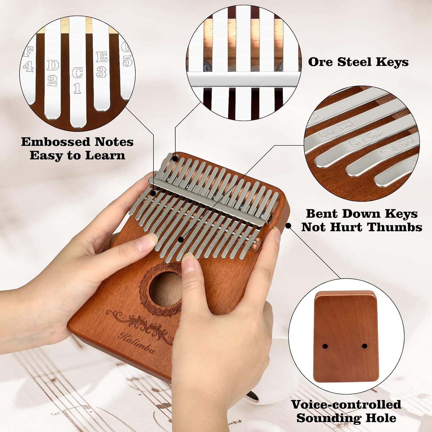 This image breaks down the kalimba's key physical components and design features, using zoom circles and callout lines to highlight embossed learning notes, steel key material, ergonomic bent keys,…