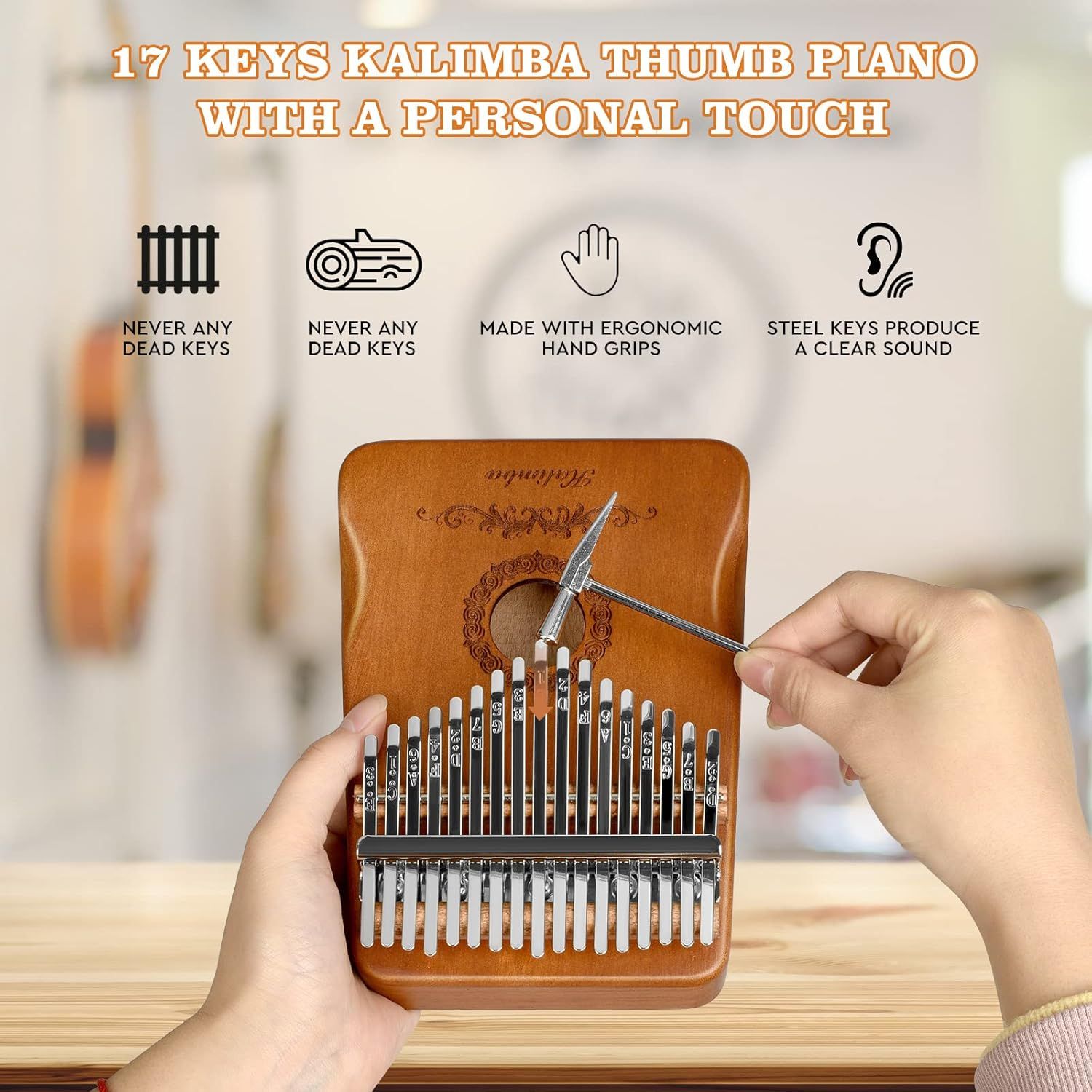 Communicates multiple distinct product benefits in a segmented layout with icons, highlighting quality construction, ergonomic design, sound clarity, and key count to reassure shoppers of the…