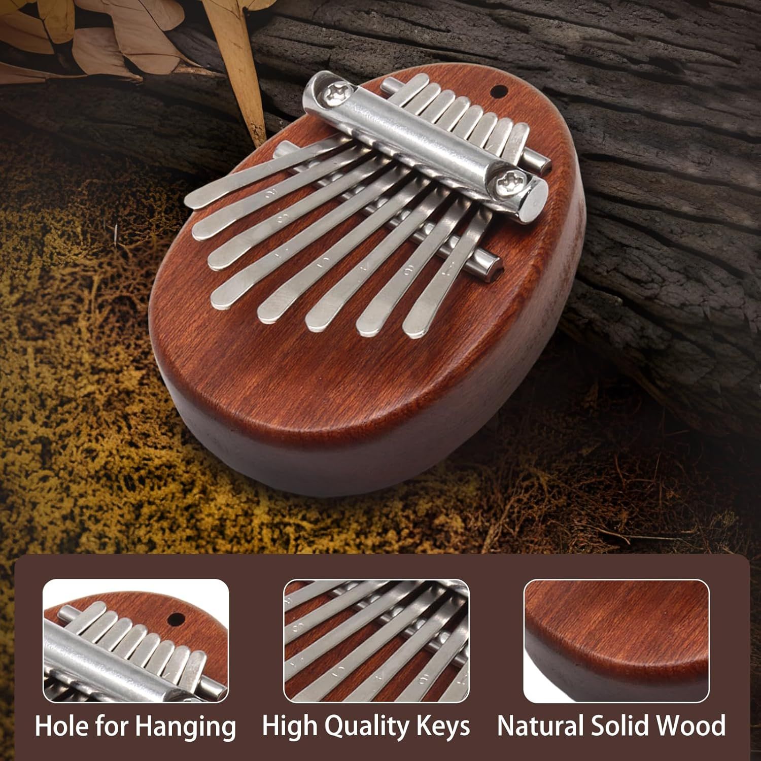 Highlights three distinct product features in a segmented layout to communicate the quality construction, convenient hanging capability, and premium natural wood material of the kalimba instrument.