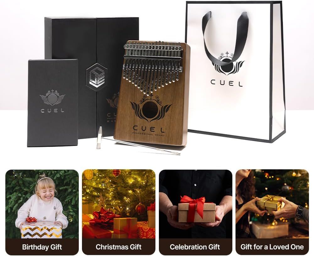 Shows everything the customer receives when purchasing the kalimba, including the instrument, premium packaging, branded boxes, shopping bag, and accessories like tuning tools, to communicate the…