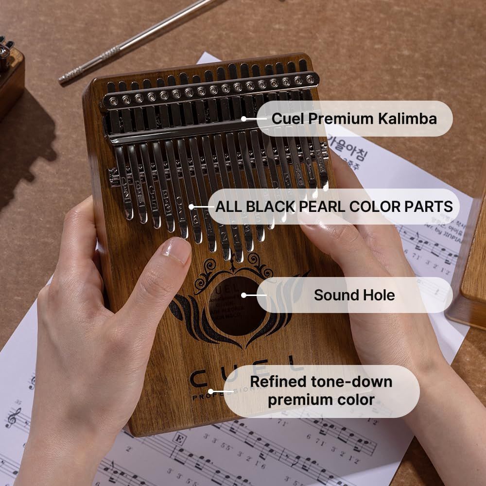 This image breaks down the physical components and design features of the kalimba to help shoppers understand the quality construction, premium materials, and functional elements like the sound hole.