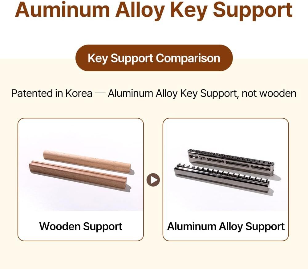 Demonstrates the superiority of the aluminum alloy key support over traditional wooden supports, emphasizing the patented Korean technology and material upgrade to reassure shoppers of enhanced…