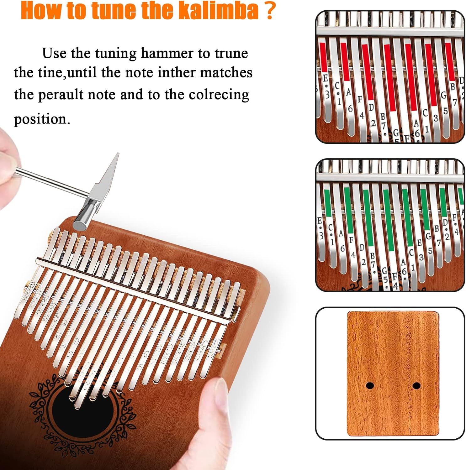 Explains how to tune the kalimba using a tuning hammer to match the correct note position, providing clear setup and usage guidance for the customer.