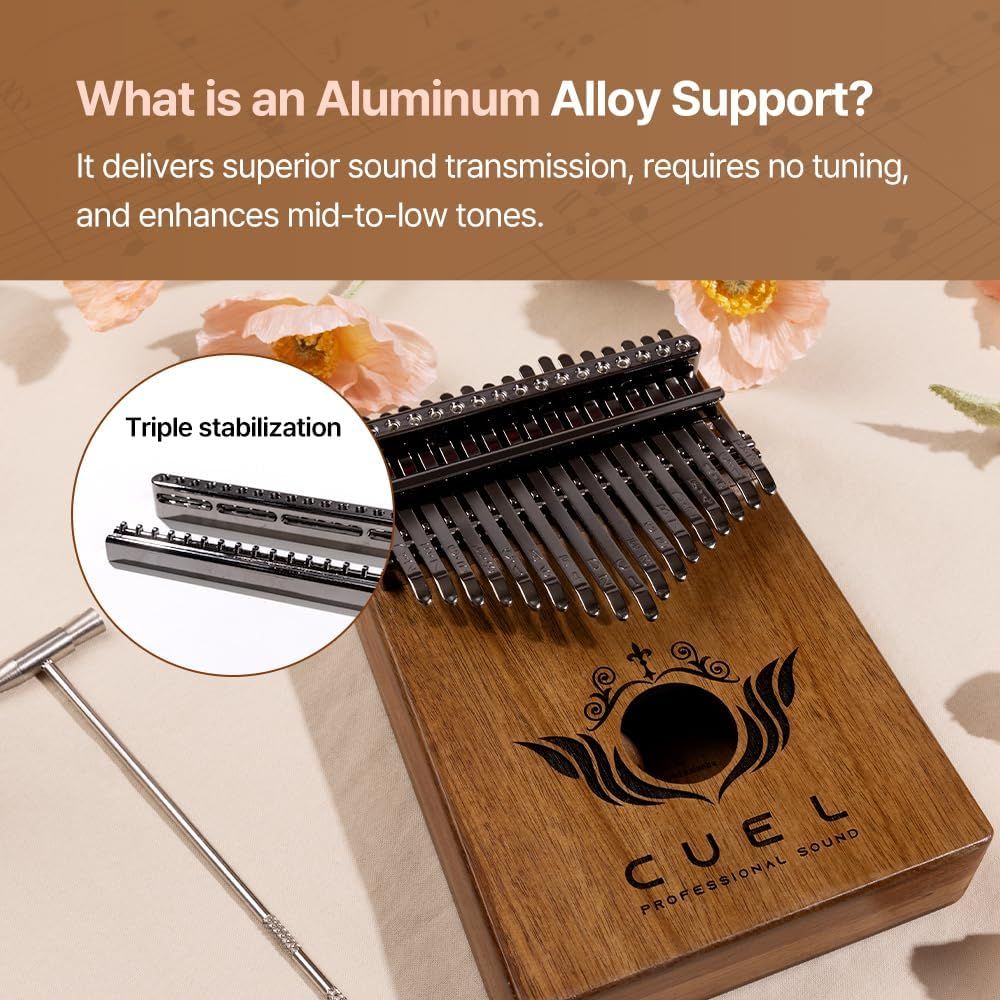 Highlights the aluminum alloy support structure and triple stabilization feature to communicate superior sound quality and durability of the kalimba instrument. Communicates the key benefit of the…