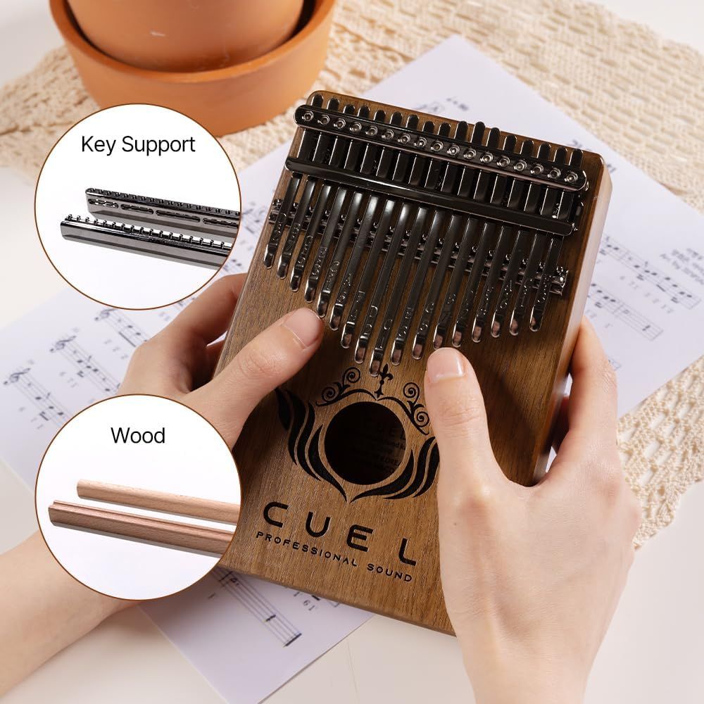 Highlights the physical components and construction of the kalimba, specifically the key support mechanism and wood material, to reassure shoppers of the product's quality and structural design.