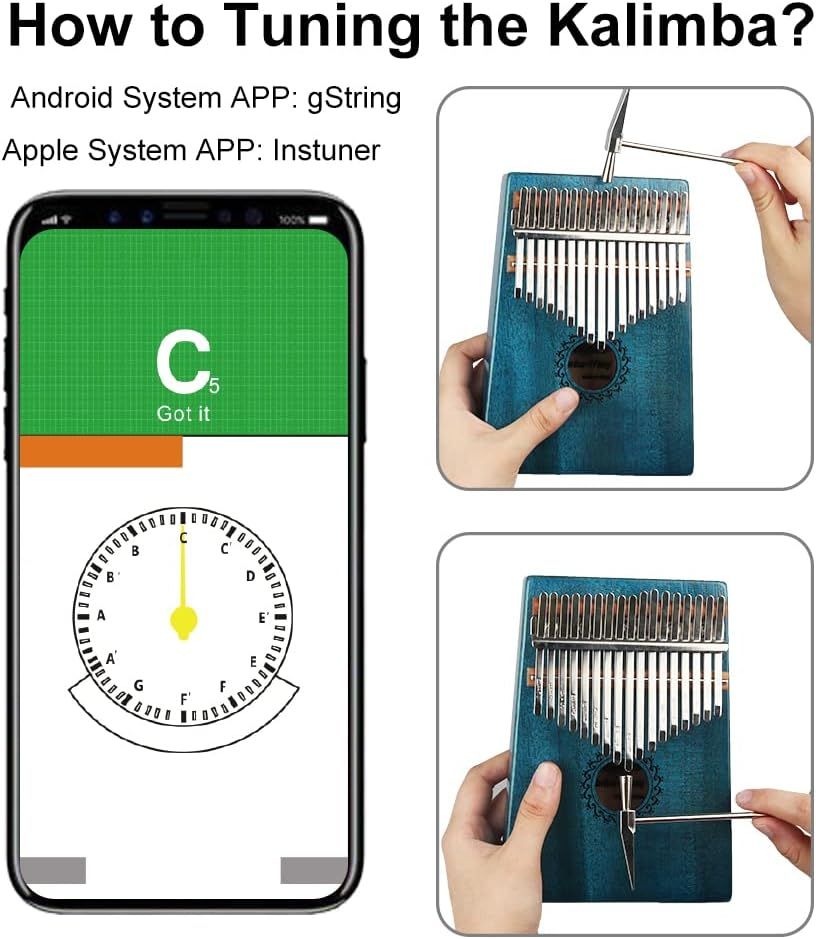 Demonstrates how to tune a Kalimba instrument using a mobile app and physical adjustment, providing step-by-step visual guidance for proper tuning technique.