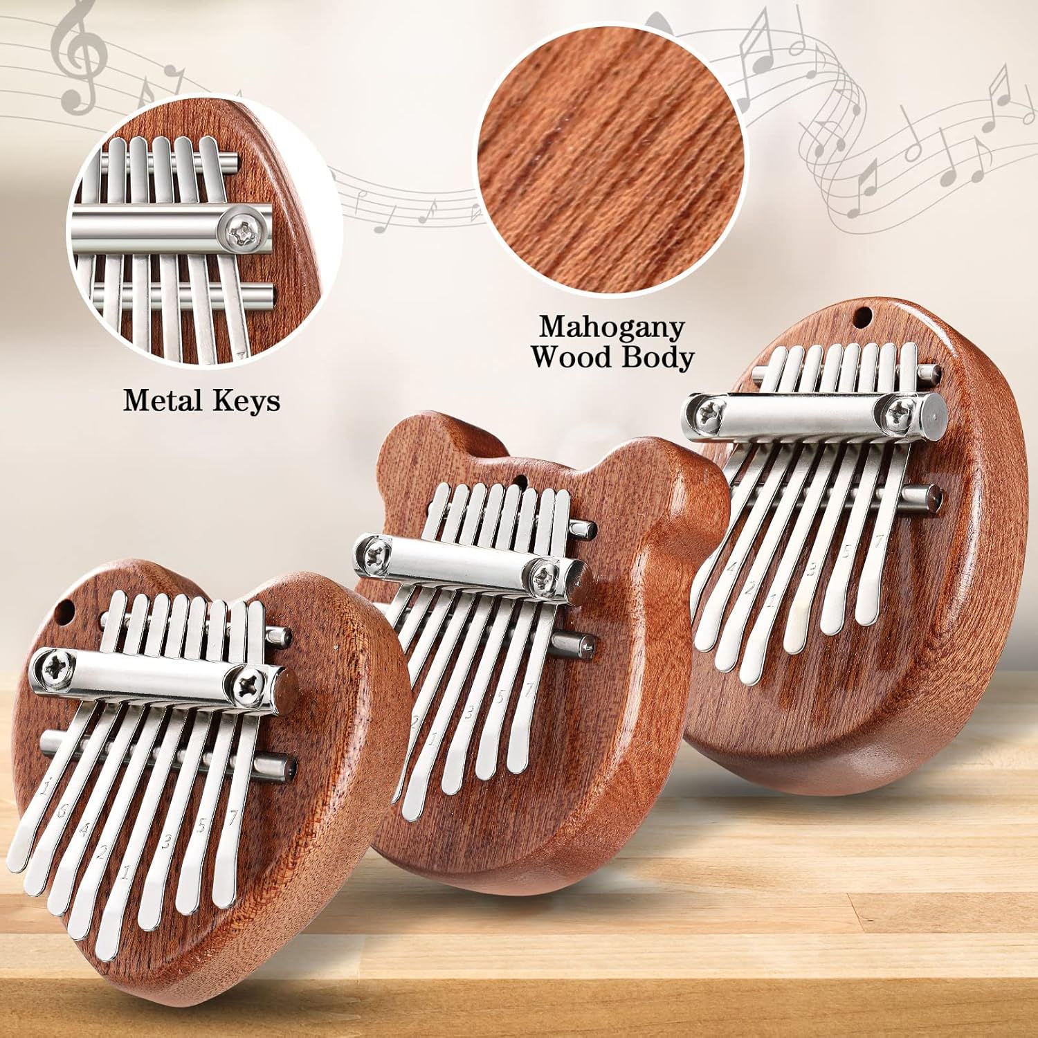 Highlights the physical components and materials of the kalimba instrument, showing shoppers the quality construction with metal keys and mahogany wood body. Communicates the quality materials used…