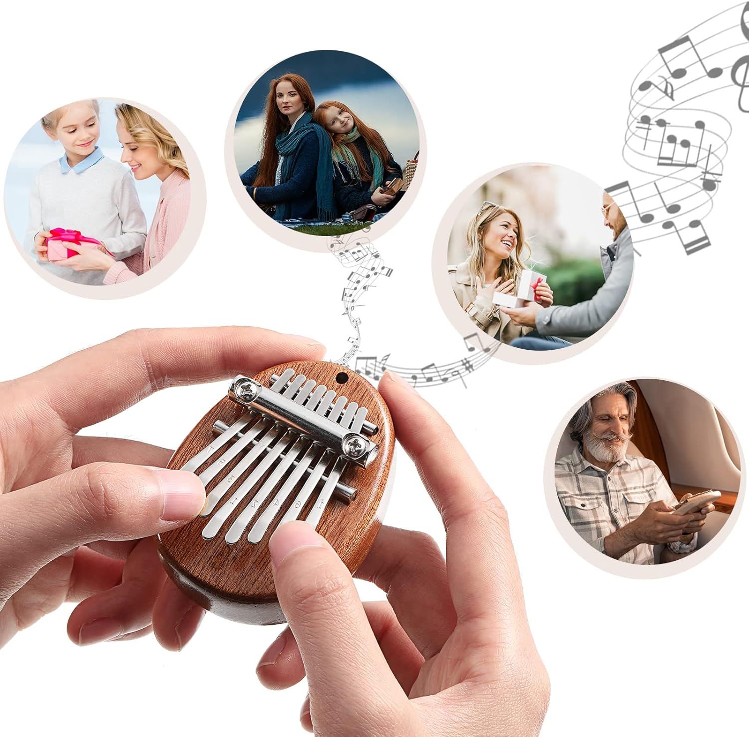 Demonstrates the versatility of the thumb piano by showing it can be enjoyed across multiple scenarios: as a gift for loved ones, for outdoor music sessions, for social gatherings, and for personal…