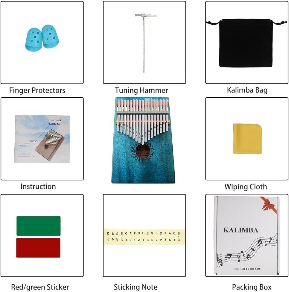Shows all items included with the kalimba purchase to reassure shoppers they're getting a complete package with accessories like finger protectors, tuning hammer, bag, instruction manual, wiping…