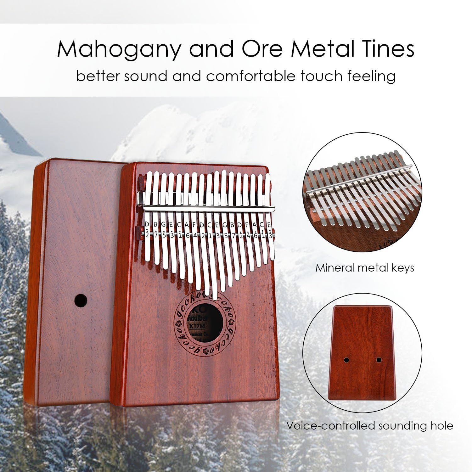 This image breaks down the kalimba's key physical components—the mahogany wood body, ore metal tines, mineral metal keys, and voice-controlled sounding hole—to educate shoppers on the product's…