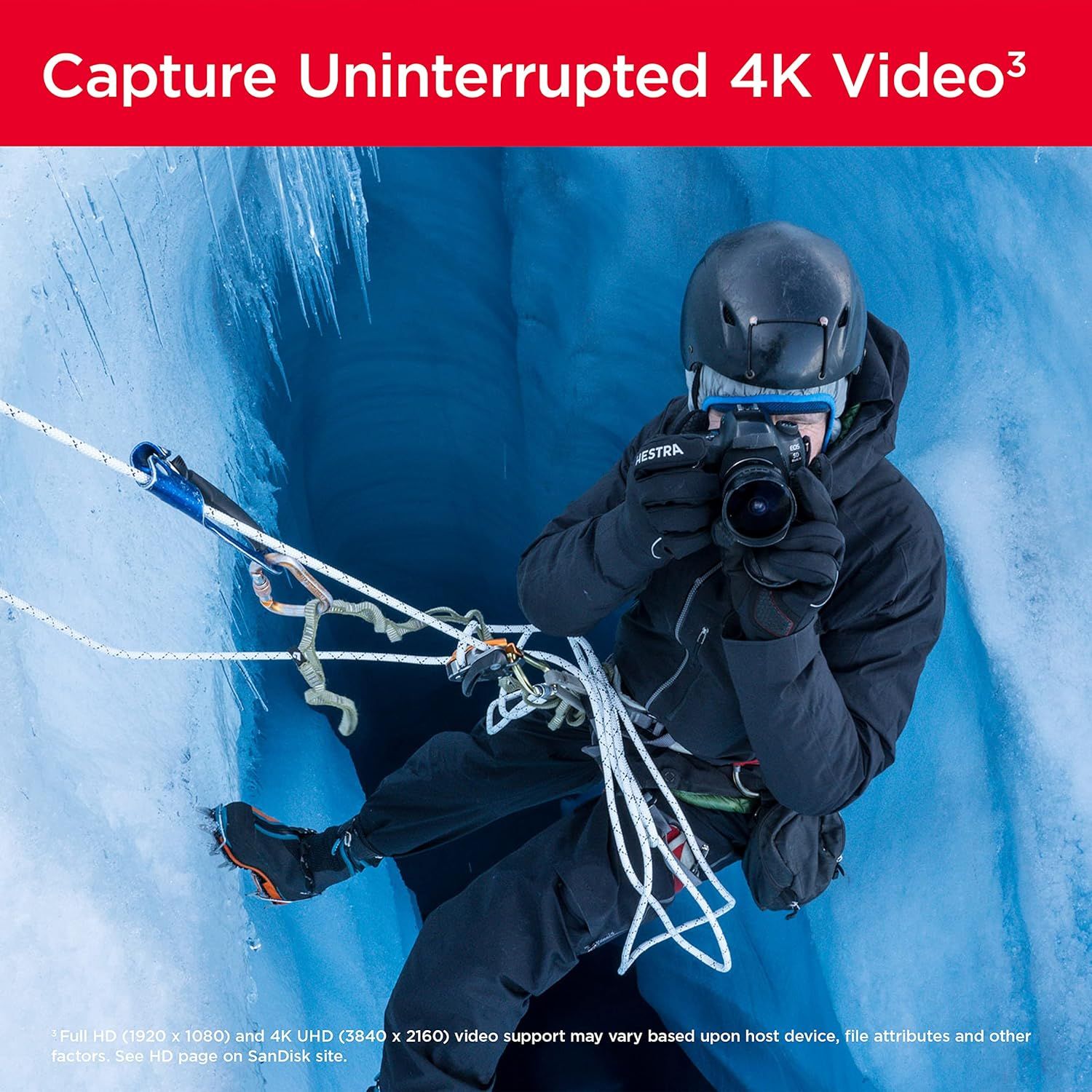 Highlights the product's ability to capture uninterrupted 4K video, reassuring shoppers of high-quality video performance in demanding conditions.