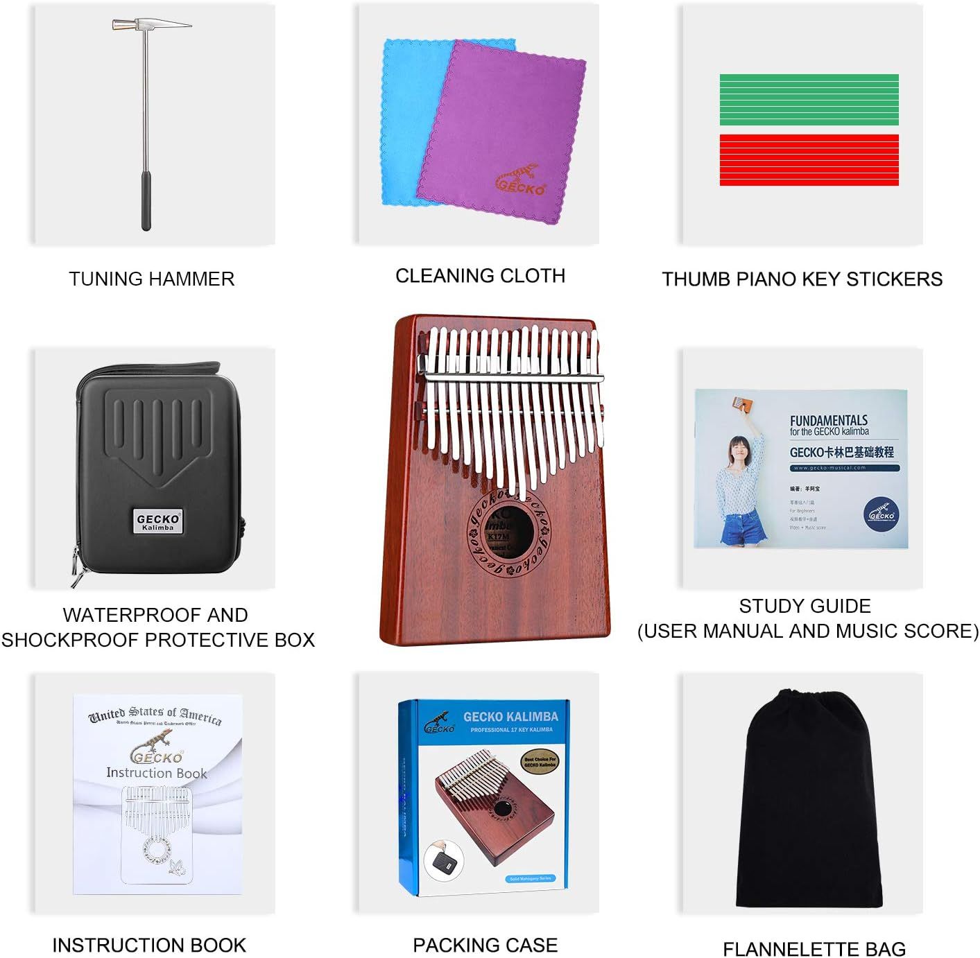Shows all the items included with the kalimba purchase to help shoppers understand the full value of the bundle and what accessories they will receive.