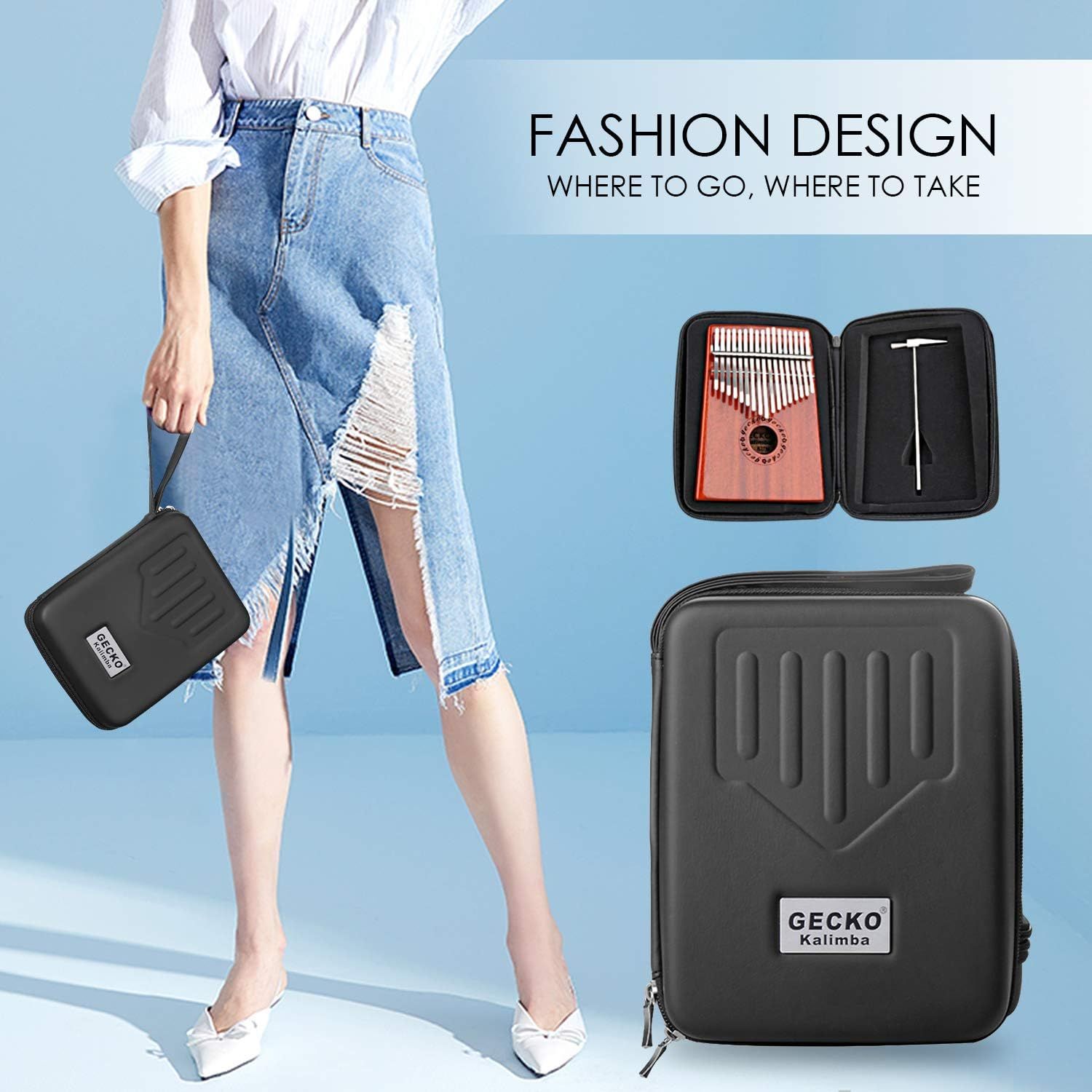 Shows the complete package contents including the kalimba instrument, protective carrying case, and tuning tool to demonstrate the value and completeness of the purchase.