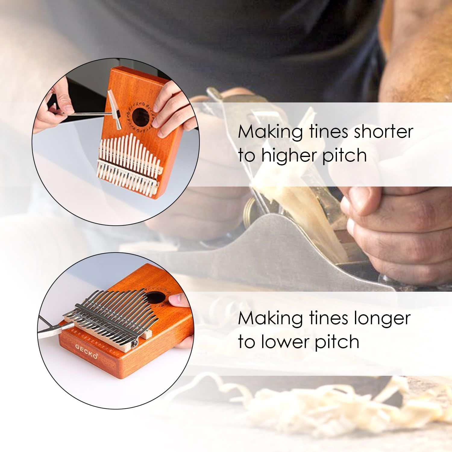 Demonstrates how to adjust the pitch of the kalimba by making the tines shorter or longer, providing clear instructional guidance for tuning the instrument.