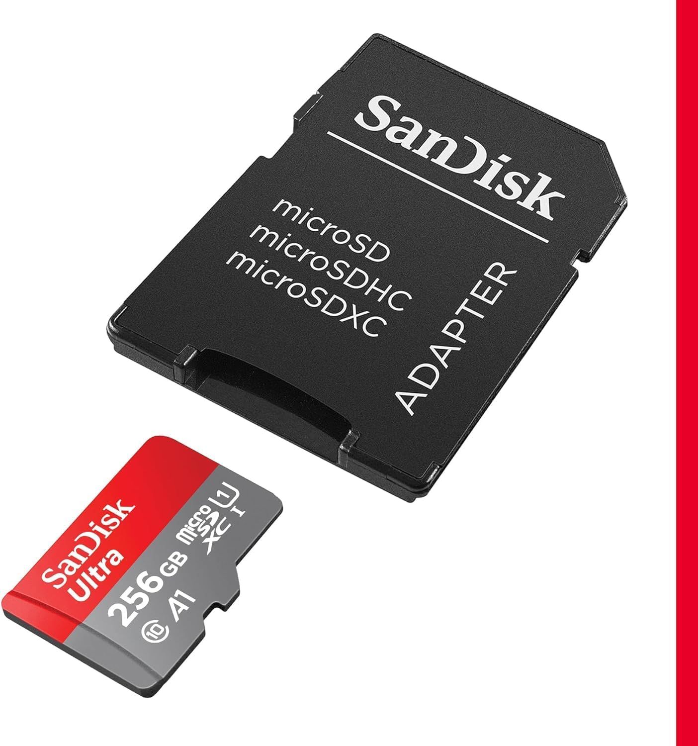 Shows the customer exactly what they receive in the package: a SanDisk Ultra microSD card (256GB) and the included SD adapter for compatibility with different devices.