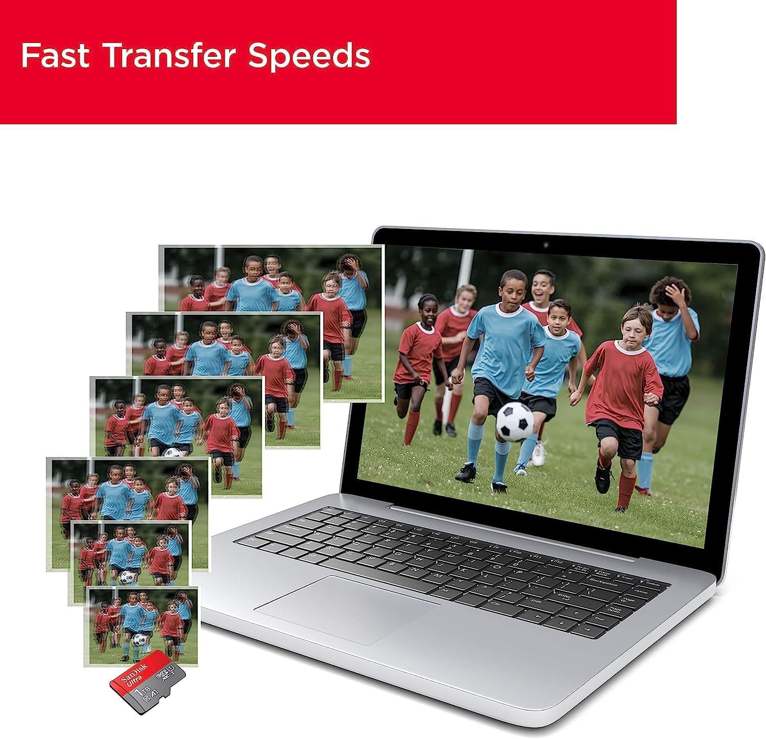 Communicates the high-speed data transfer capability of the memory card, showing how quickly photos can be transferred from the card to a laptop. Highlights the speed benefit of the product through…