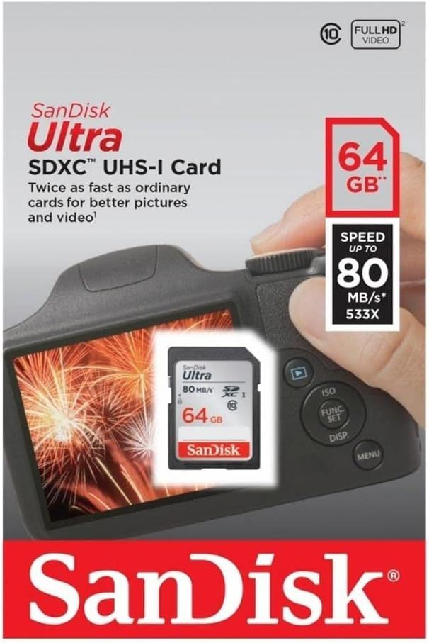 Communicates the card's storage capacity and performance speed to reassure shoppers that it can handle high-quality photos and Full HD video recording efficiently. Demonstrates the product's use in…