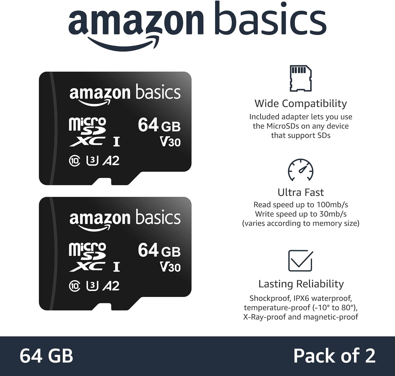Communicates multiple key benefits of the MicroSD card including compatibility with various devices, fast read/write speeds, and durability features to reassure shoppers of the product's versatility…