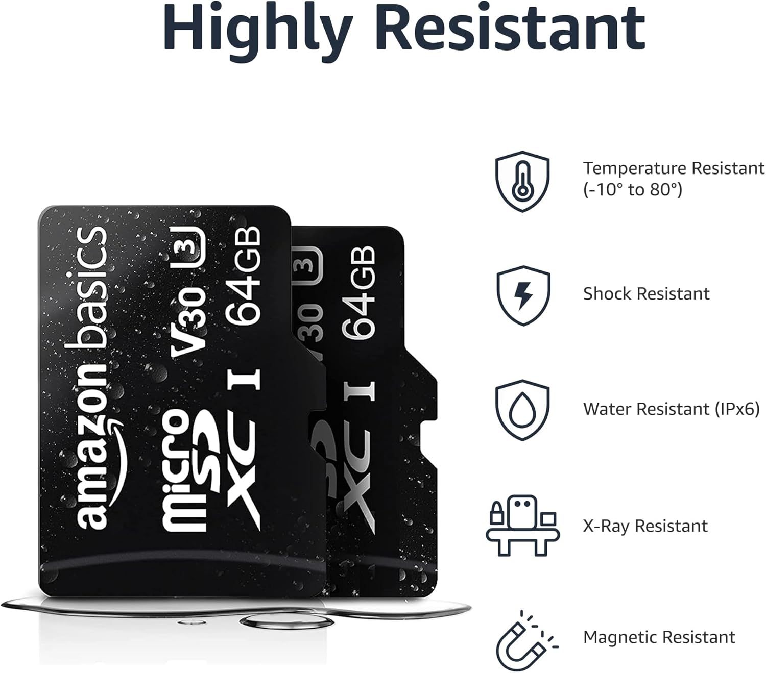 Communicates the comprehensive durability and protection features of the memory card across multiple resistance categories to reassure shoppers of its reliability in various conditions.