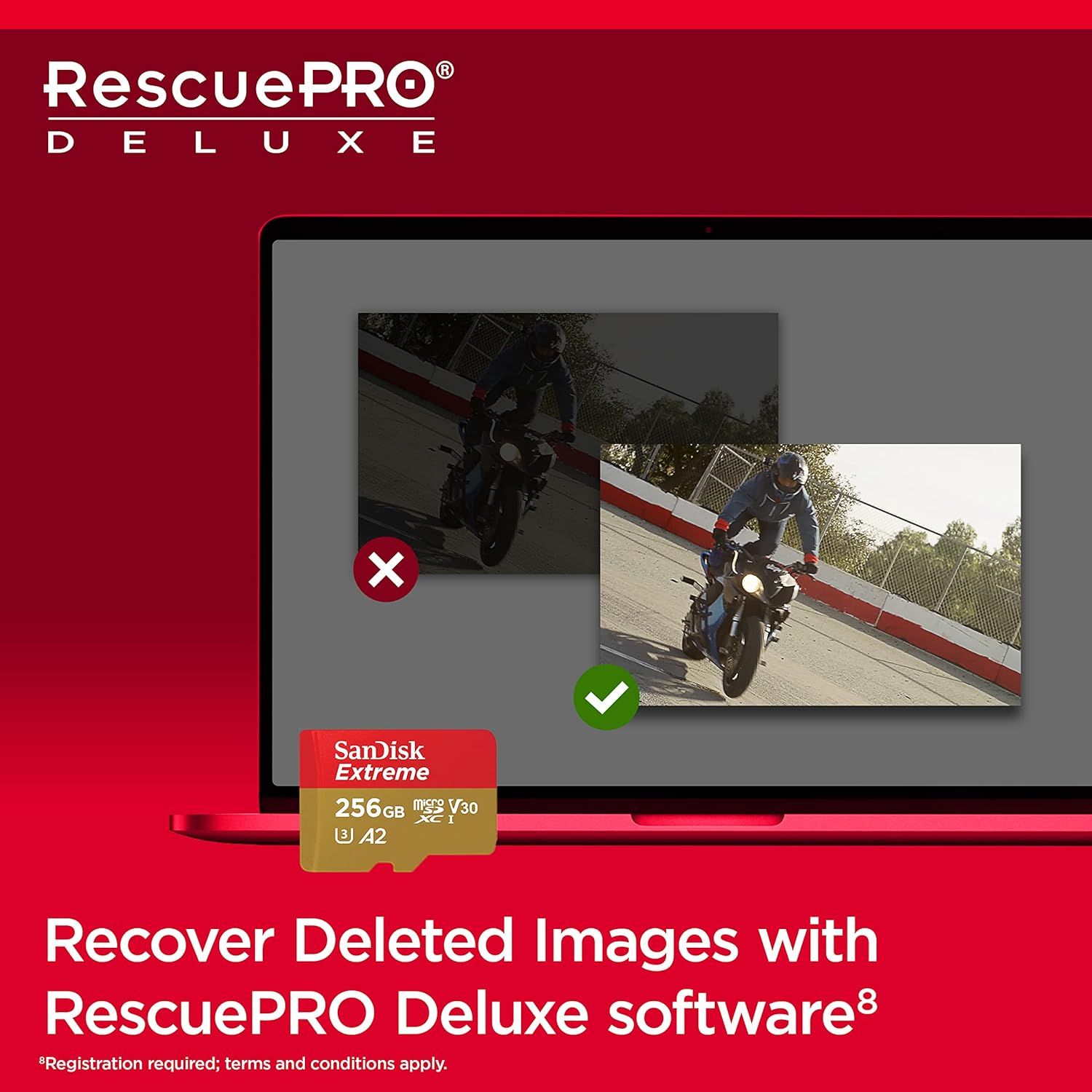 Communicates that the memory card includes RescuePRO Deluxe software to recover deleted images, providing reassurance and added value to the shopper.