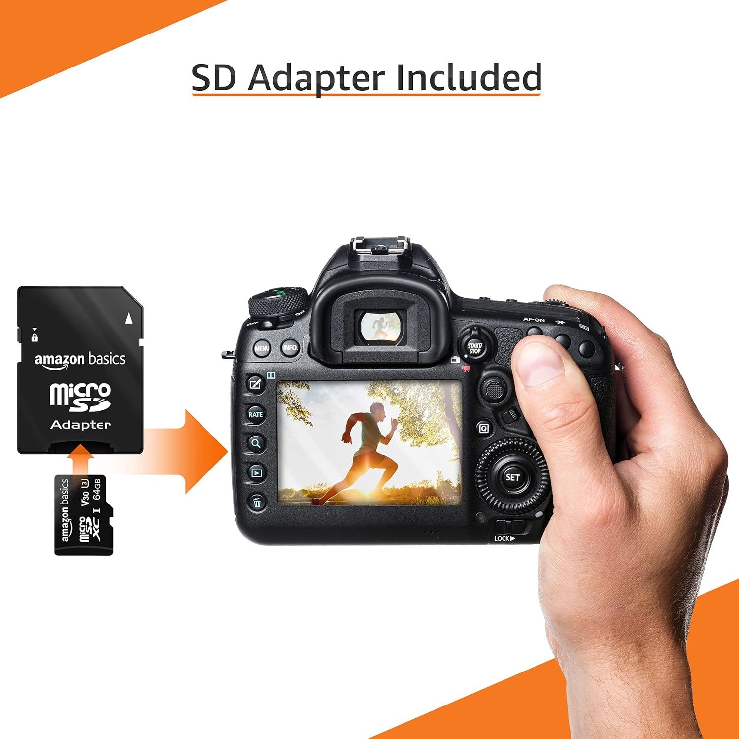 Communicates that the purchase includes an SD adapter accessory, showing the customer exactly what they receive and how the adapter works with the memory card.