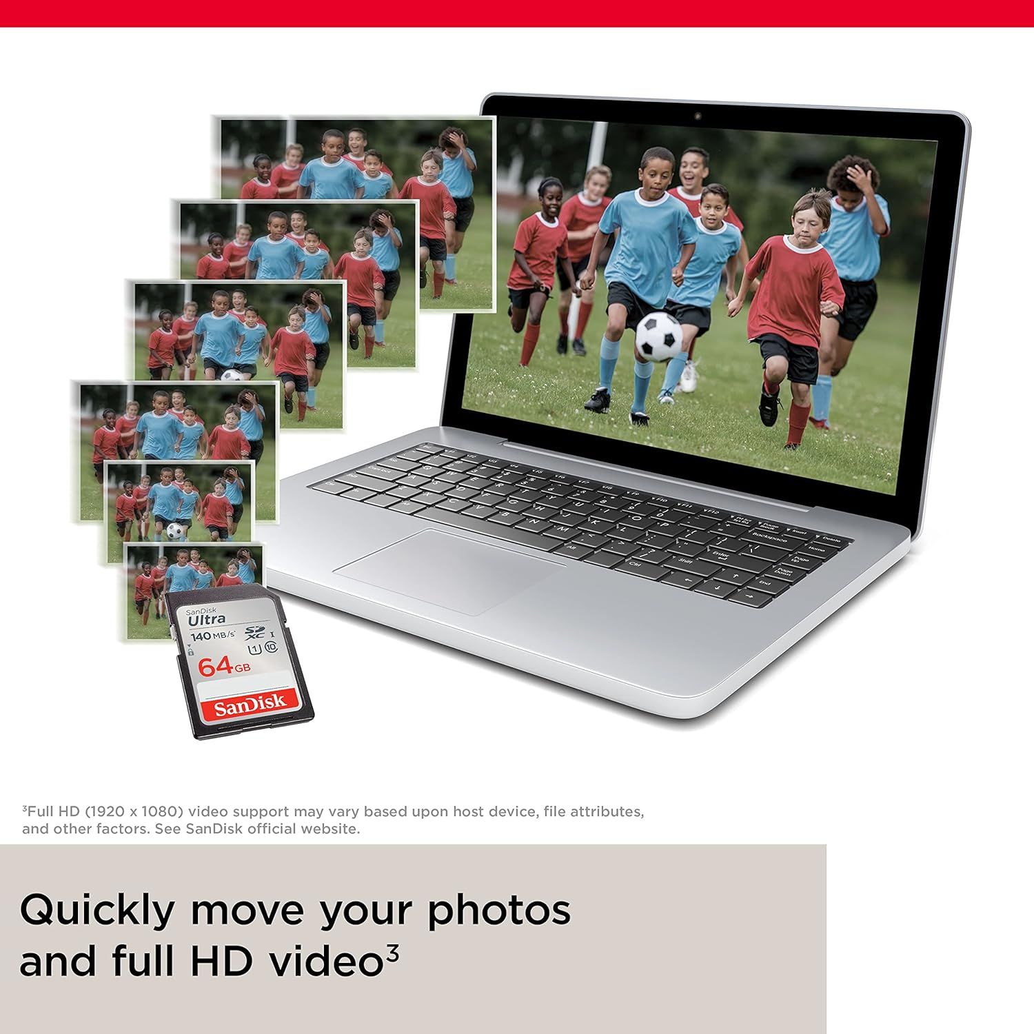 Communicates the SD card's high-definition video capability and fast data transfer performance to reassure shoppers of quality and speed. Highlights the primary benefit of quickly moving photos and…