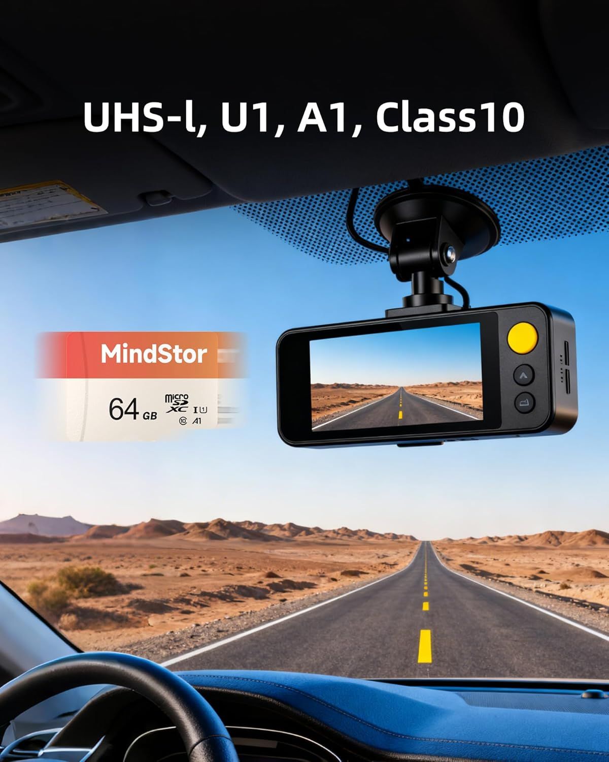 Communicates the technical specifications and performance certifications of the included memory card to reassure shoppers that the dashcam system uses reliable, high-speed storage suitable for…