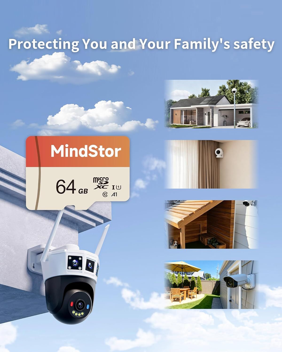 Demonstrates the versatility of the security camera system by showing it can be used in multiple locations around the home—exterior, interior rooms, garage, backyard, and pet areas—to provide…