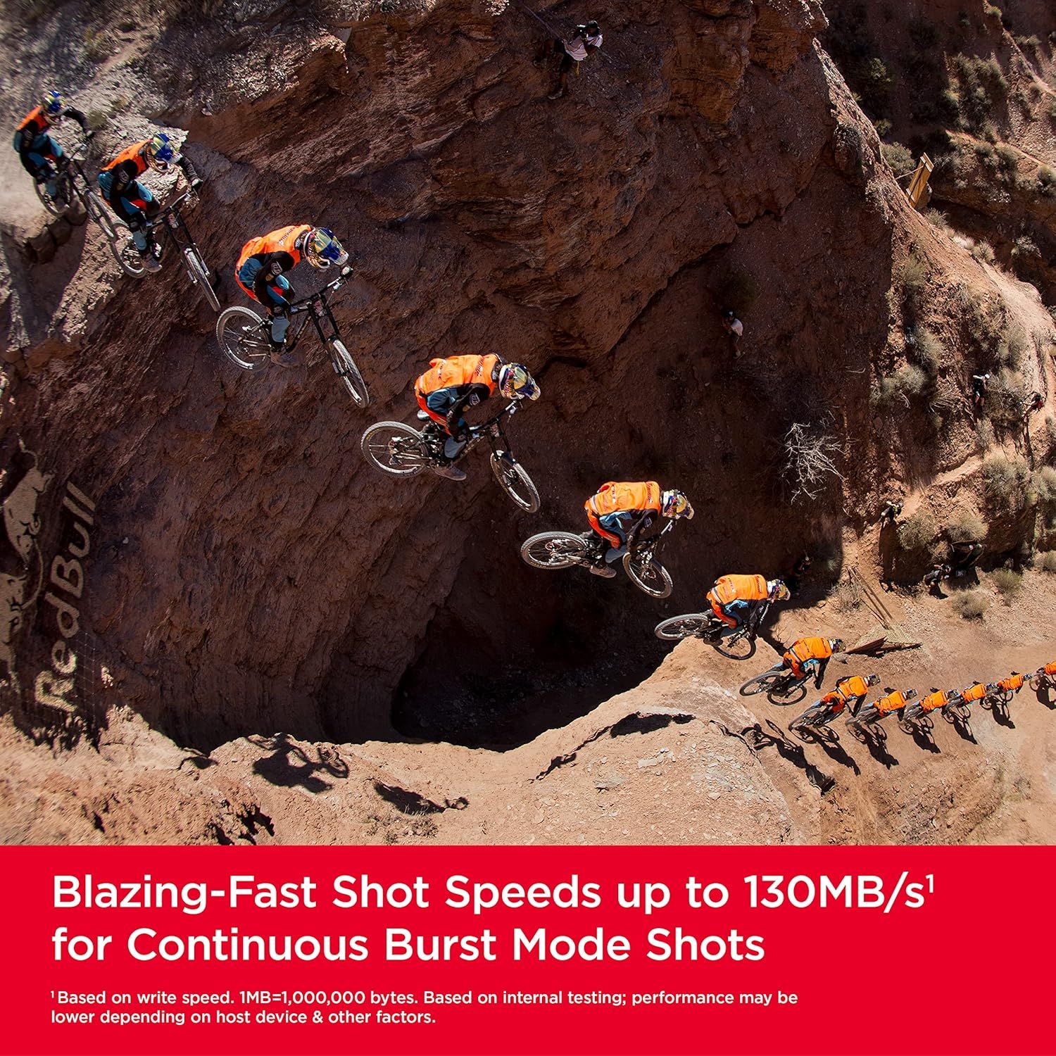 Communicates the product's high-speed performance capability of 130MB/s for continuous burst photography, reassuring photographers and action sports enthusiasts that the memory card can handle…