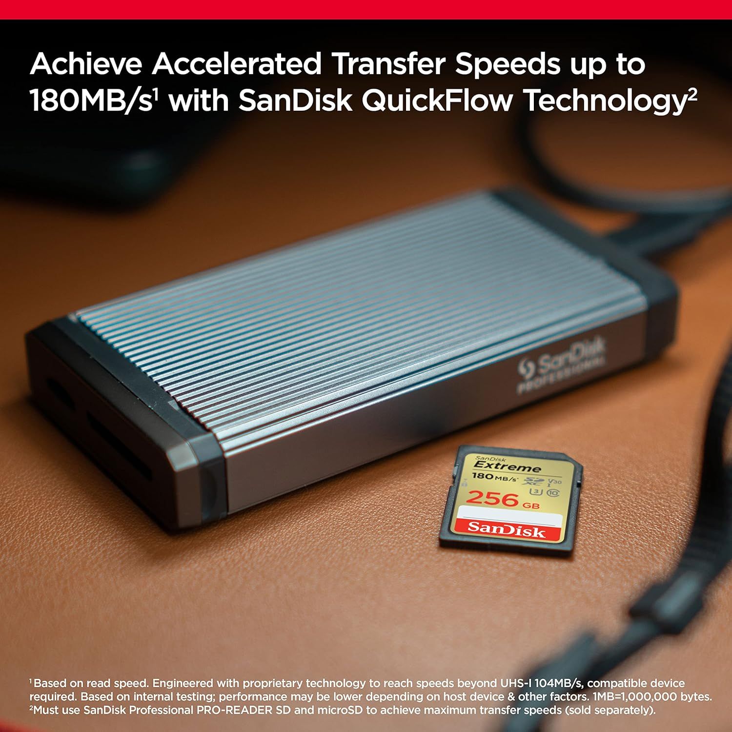Highlights the product's accelerated transfer speed capability of up to 180MB/s using SanDisk QuickFlow Technology to communicate superior performance and efficiency. Communicates the key benefit of…