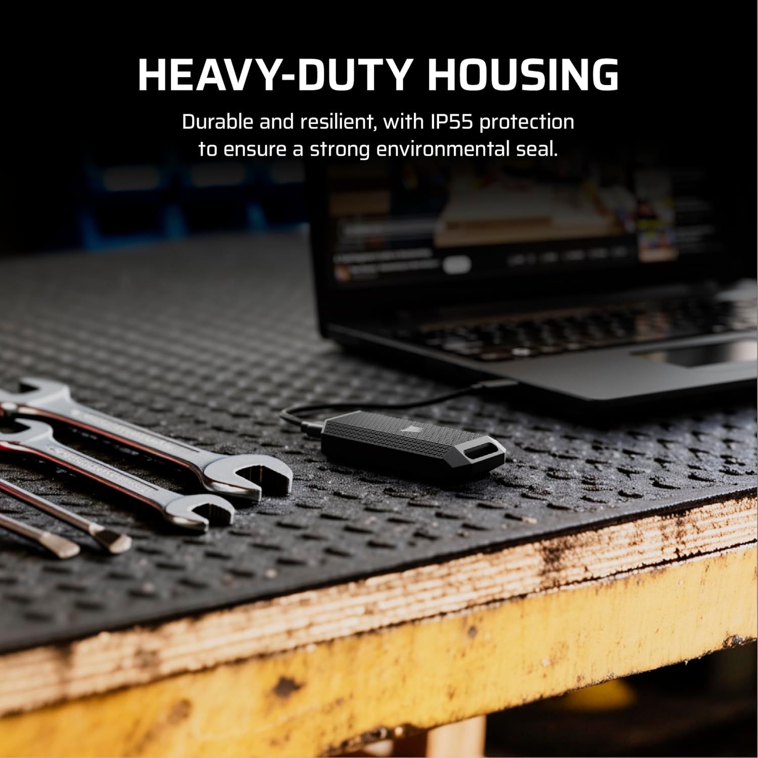 Communicates the product's durable construction and IP55 environmental protection to reassure shoppers it can withstand harsh conditions and outdoor use.