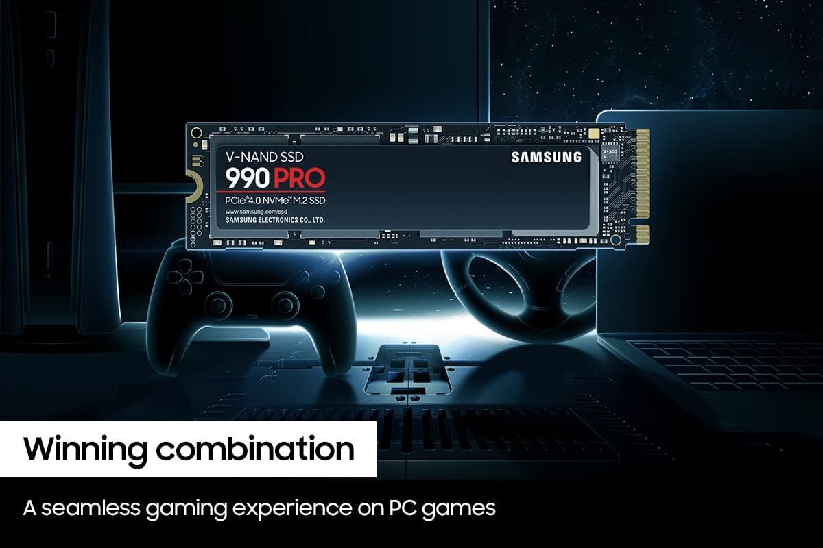 Demonstrates the SSD's suitability for PC gaming by showing it in a gaming environment with gaming peripherals, reassuring shoppers that this product delivers a seamless gaming experience.