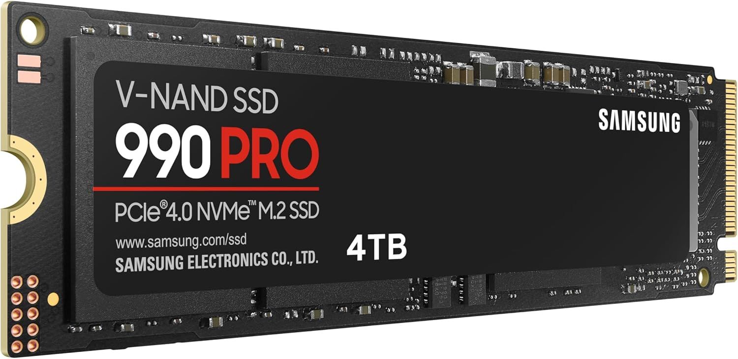 Provides a clean, catalog-style view of the Samsung 990 PRO SSD showing the product label, branding, capacity, and technical specifications without distractions.