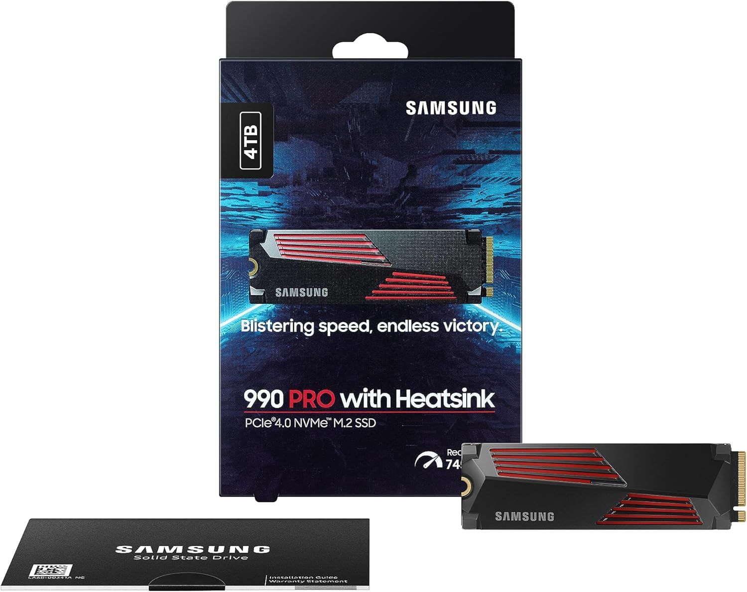 Shows the customer everything included in the purchase: the Samsung 990 PRO SSD with heatsink, retail packaging, and documentation, helping shoppers understand the complete bundle they will receive.