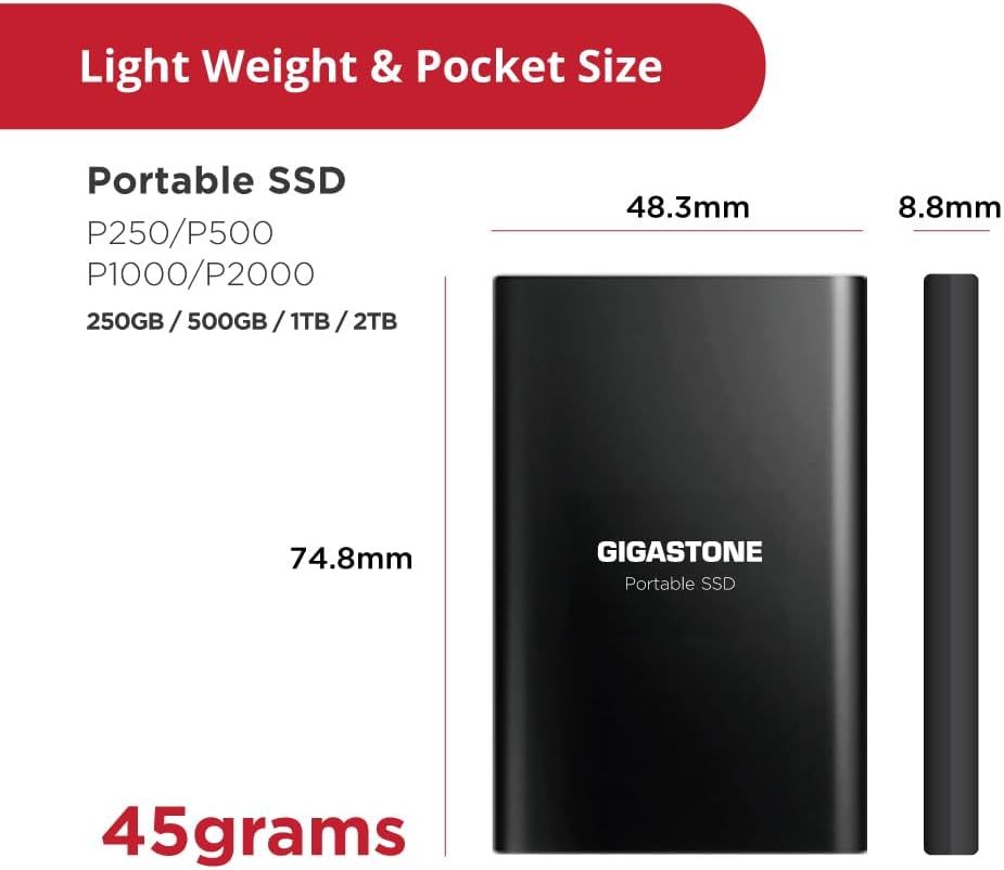 Communicates the product's pocket-sized portability by showing exact physical dimensions (48.3mm x 74.8mm x 8.8mm) and weight (45 grams), reassuring shoppers that this SSD is highly portable and…
