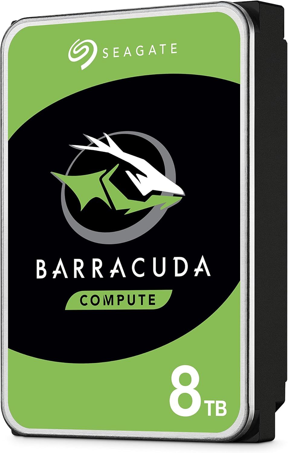 Showcases the Seagate brand identity and the Barracuda Compute product line, emphasizing the 8TB storage capacity to help shoppers identify the specific product variant and brand heritage.