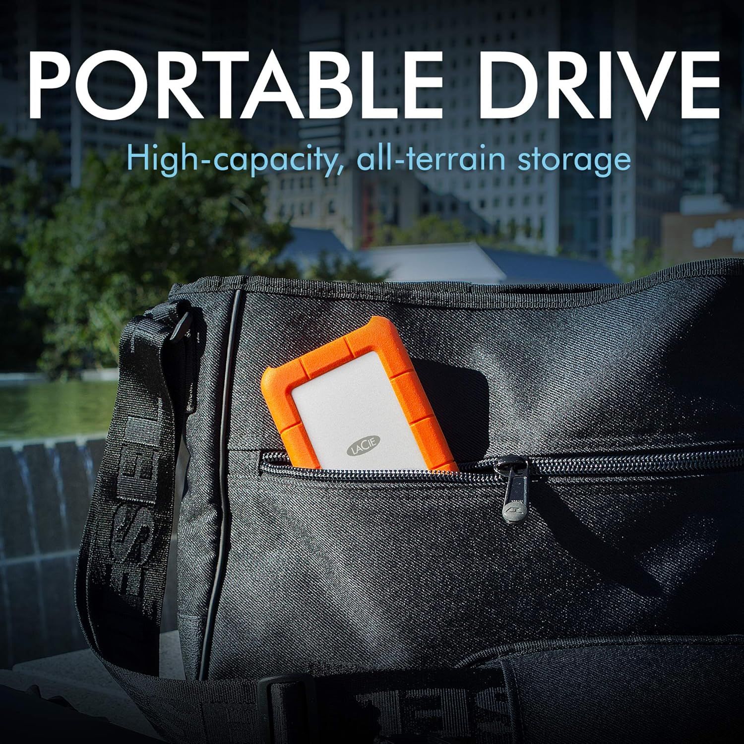 Communicates that the portable drive is compact, travel-friendly, and rugged enough for outdoor or all-terrain use, reassuring shoppers it's ideal for on-the-go storage needs.