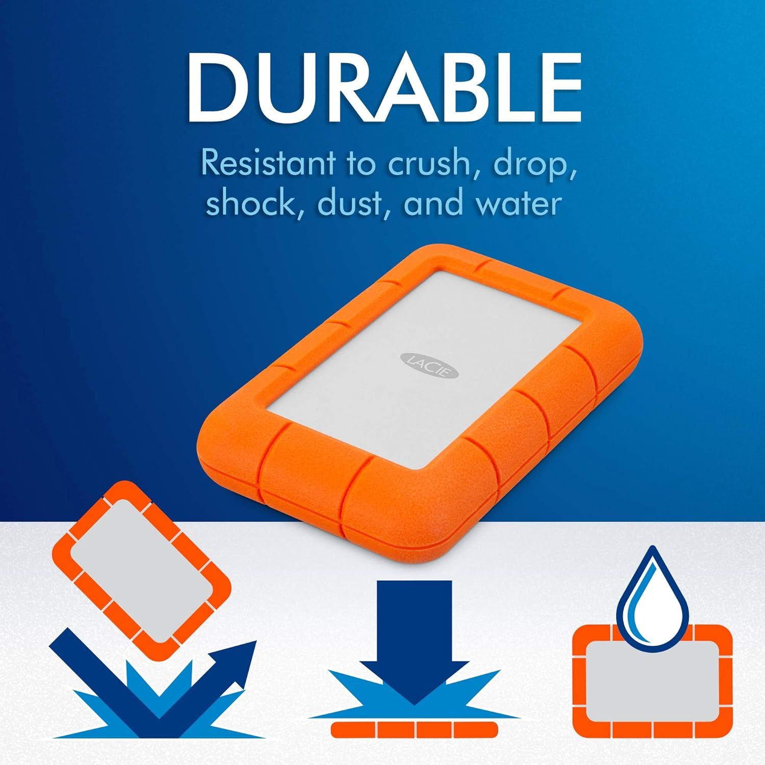Communicates the product's rugged durability and multi-hazard protection to reassure shoppers that this external hard drive can withstand harsh conditions and accidents.