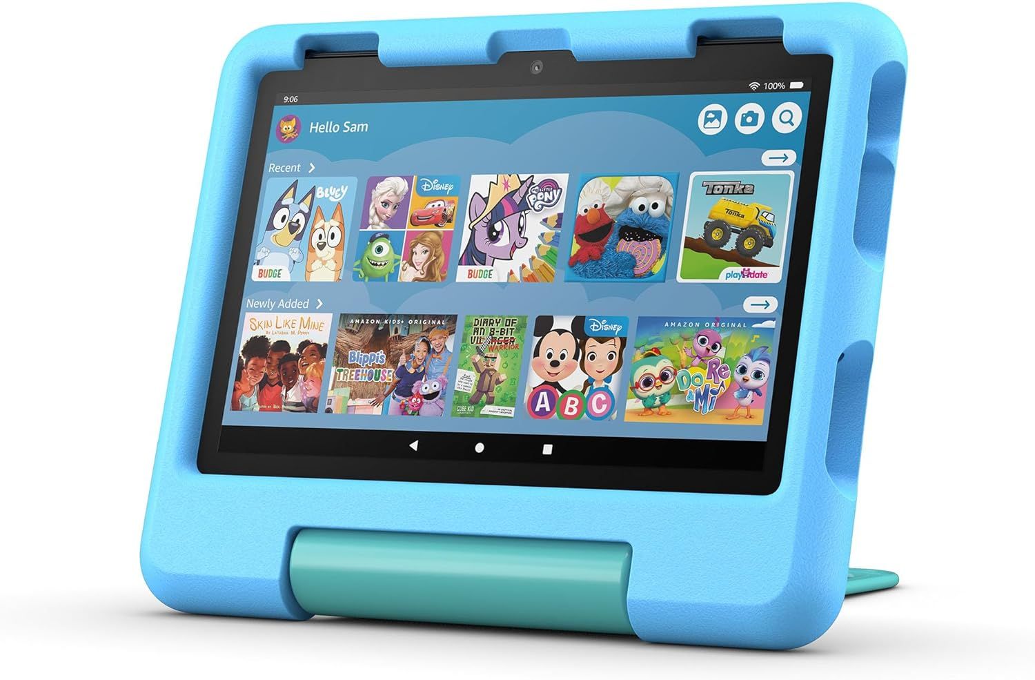 Shows the tablet in its protective case on a clean white background to give shoppers a clear view of the product's physical appearance and kid-friendly design.