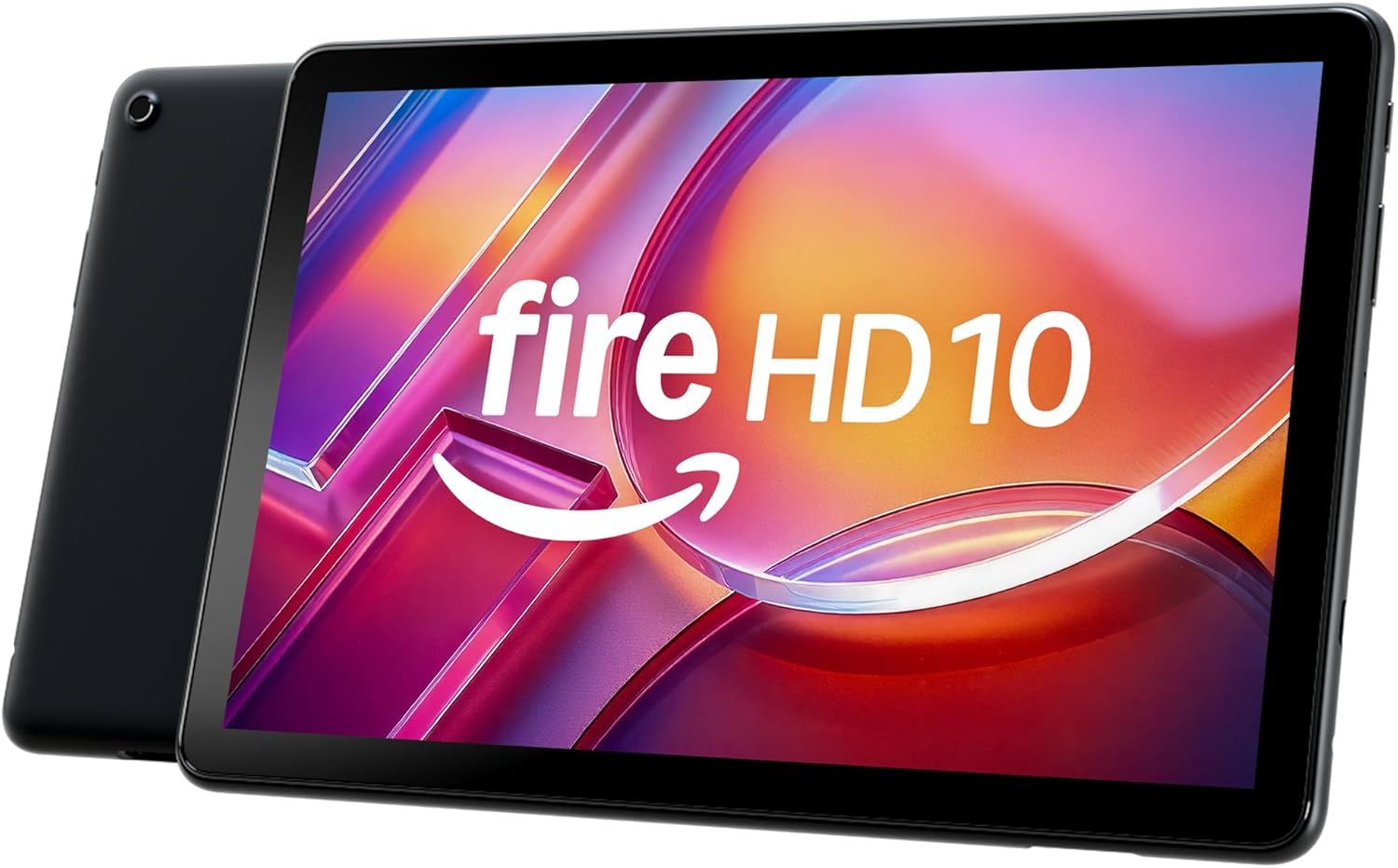 Showcases the Amazon Fire HD 10 tablet with prominent brand and product name display to establish brand identity and product recognition.