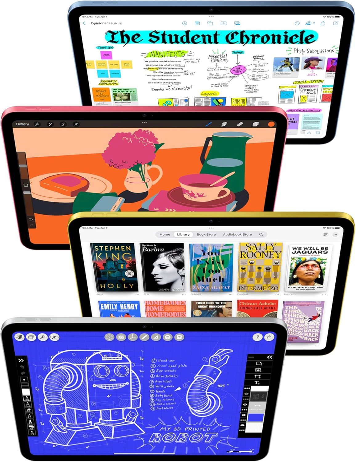 Demonstrates the tablet's versatility by showing multiple real-world applications including digital publishing, digital art/illustration, reading/library access, and technical drawing/design work.