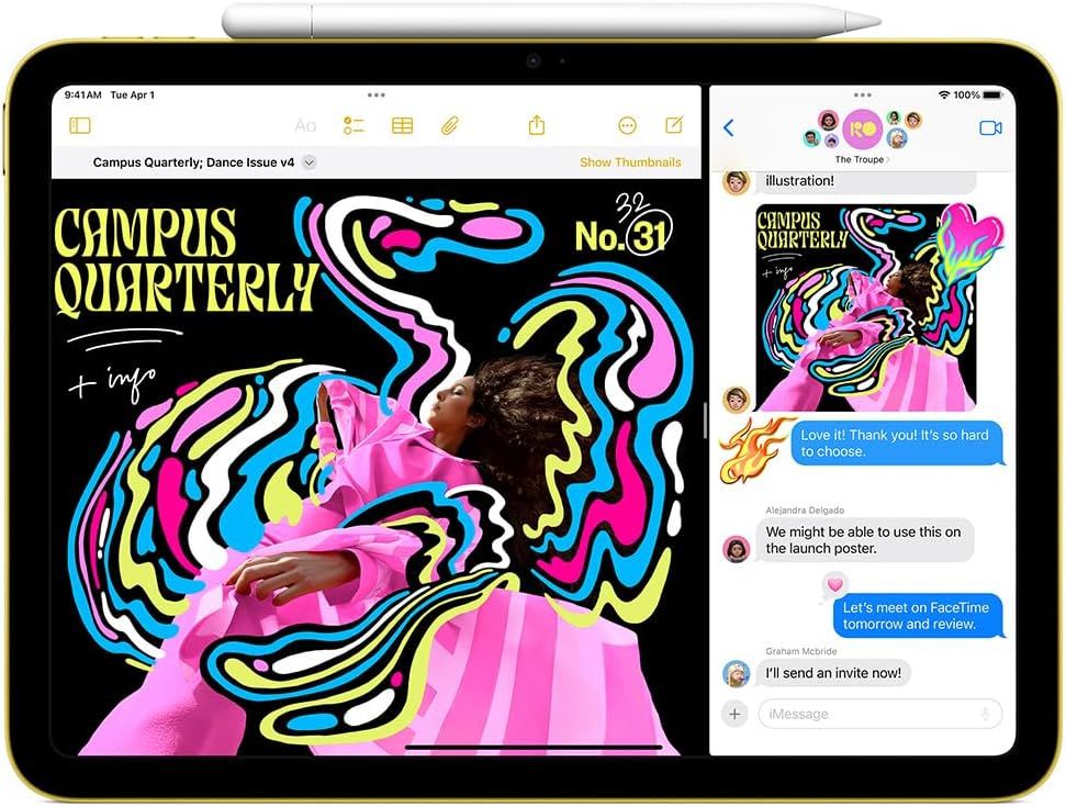 Demonstrates the tablet's ability to run multiple apps side-by-side, showing a creative workflow where users can view documents and communicate simultaneously, highlighting productivity and…