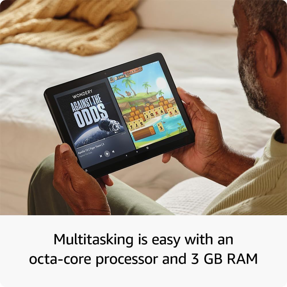 Communicates the tablet's processing power and memory capacity to reassure shoppers that the device can handle multitasking smoothly. Demonstrates the tablet's ability to run multiple apps…