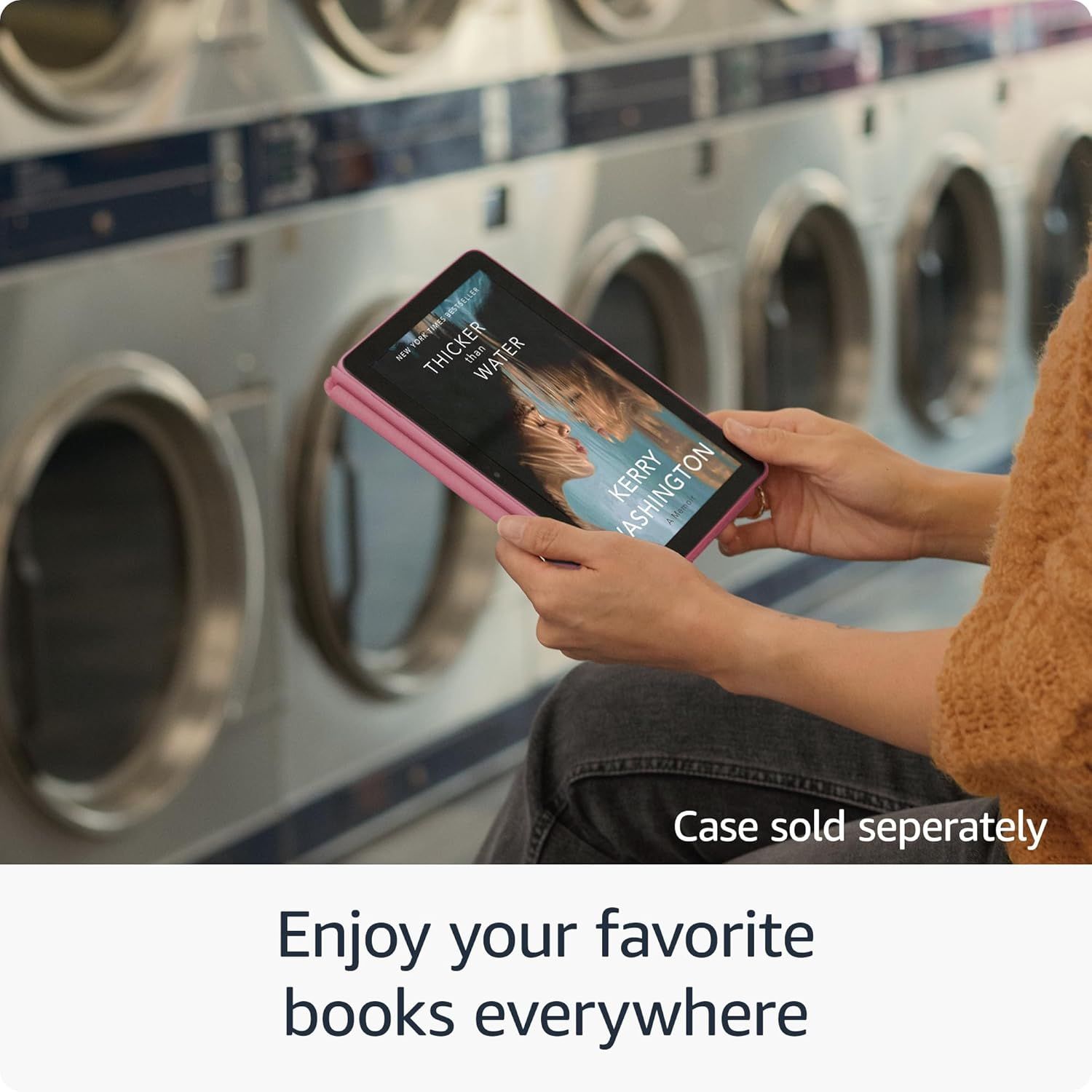 Demonstrates the product's portability and versatility by showing it being used in a real-world setting (laundromat), reinforcing that users can enjoy their content anywhere.